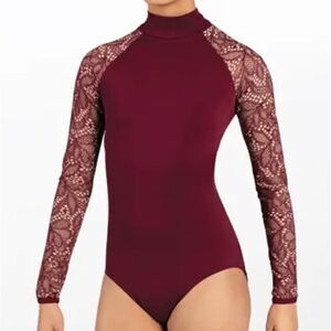 WEISSMAN Balera Dance Costume LEOTARD WITH LACE LONG SLEEVES red MT10292 MC